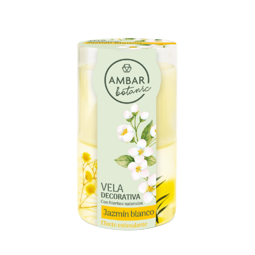 Vela Cera Gelatina Jazmín Blanco 130 g Ámbar Botanic con aroma floral relajante y diseño decorativo.