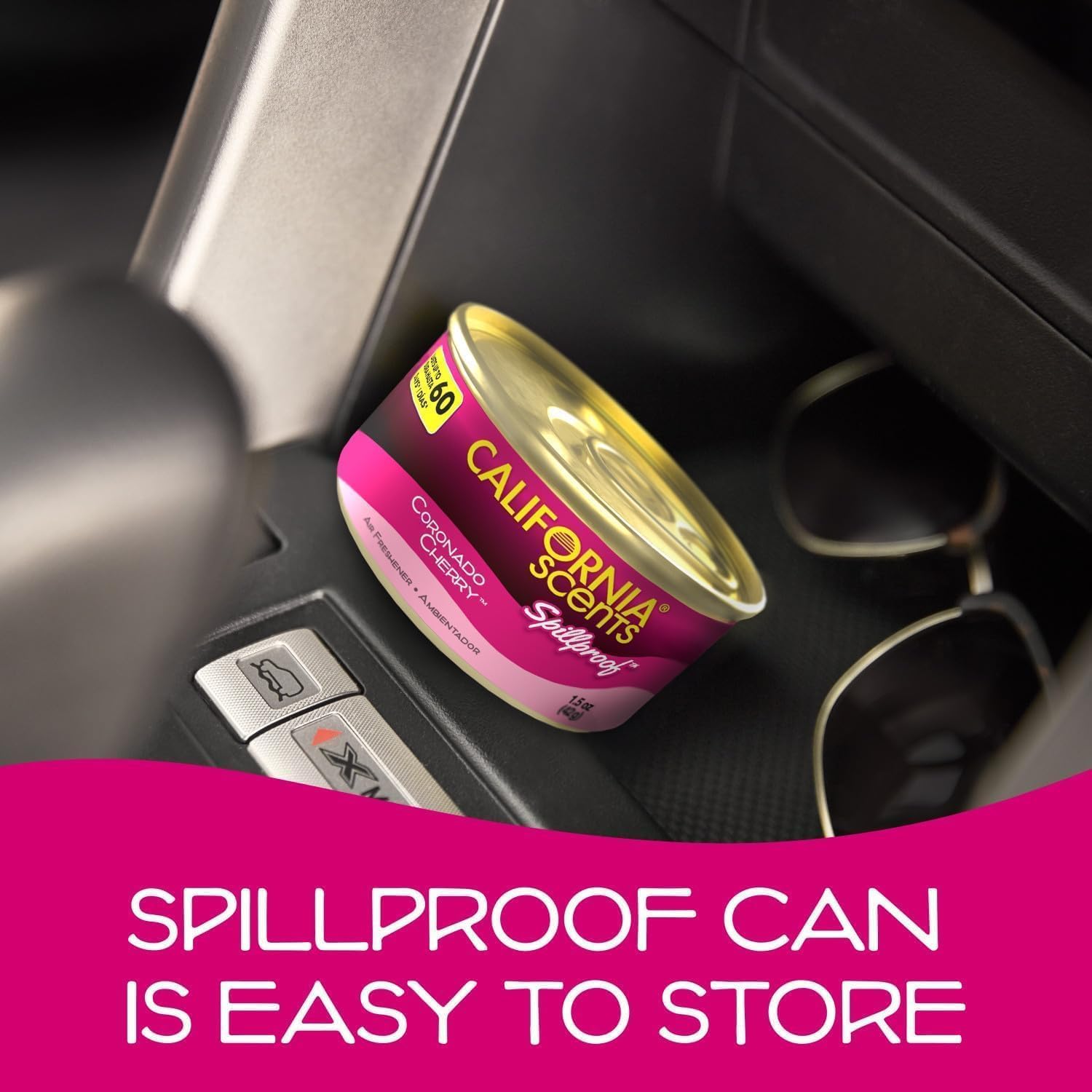 Lata de ambientador CAR SCENTS Coronado Cherry con el texto "Spillproof Can", destacando su diseño a prueba de derrames.