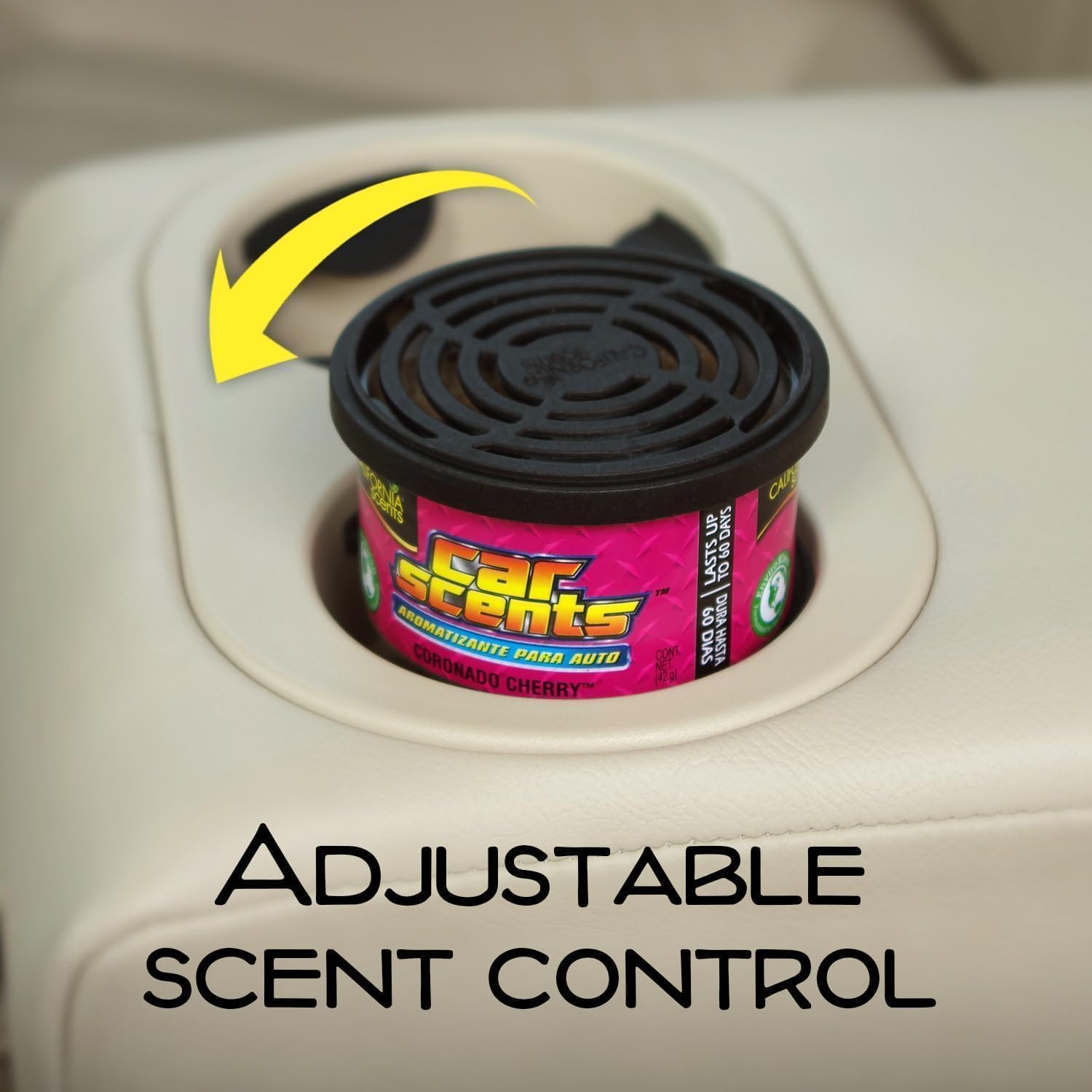 Lata de ambientador CAR SCENTS Coronado Cherry con el texto "Adjustable Scent Control", resaltando su control de intensidad de fragancia.